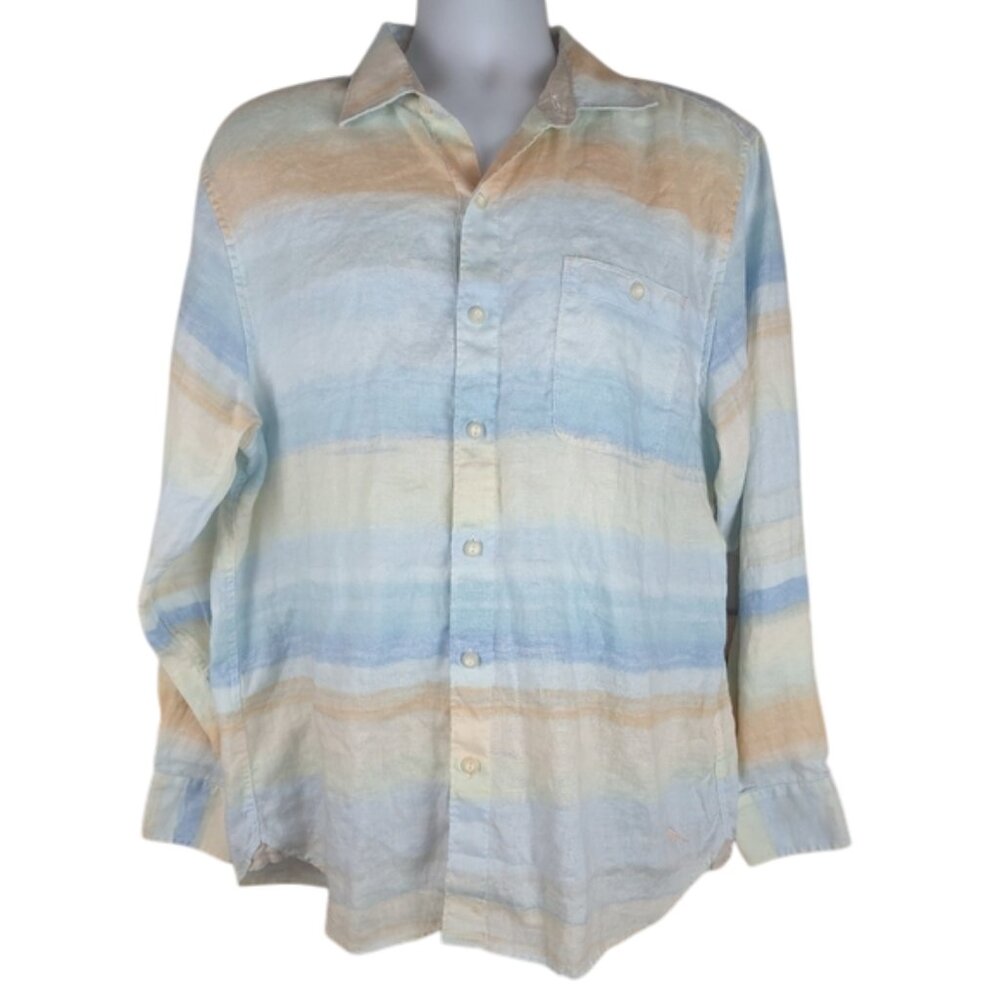 Tommy Bahama Men Button Front Shirt Size LG Casual L/S Pastel Striped 100% Linen